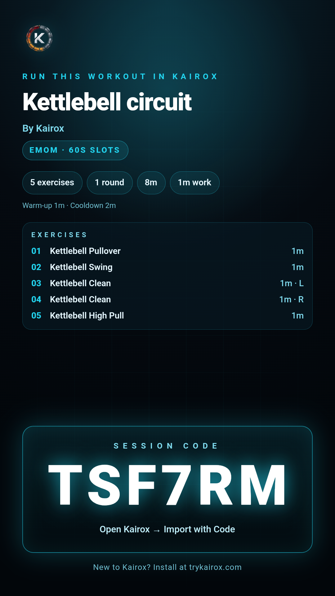 Kairox Session Card for an EMOM kettlebell circuit with session code YAEM8E
