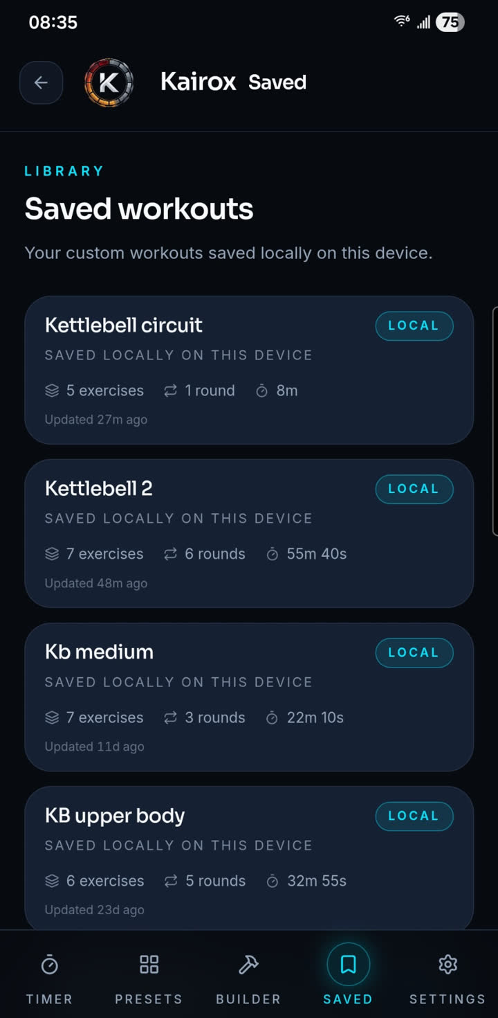 Kairox Saved workouts screen listing saved workouts with exercises, rounds and duration