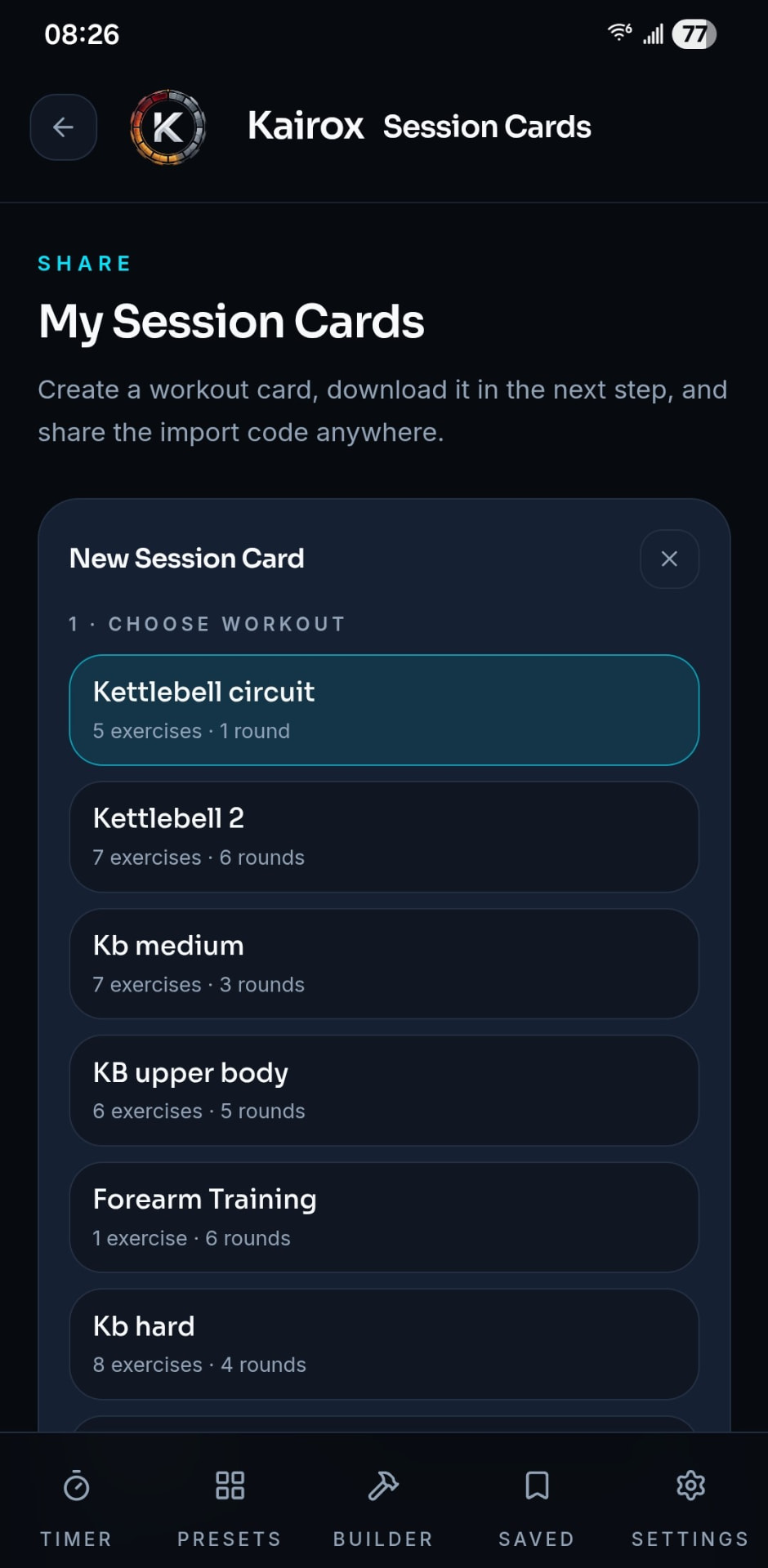 Kairox Session Cards screen showing saved workouts ready to turn into a card