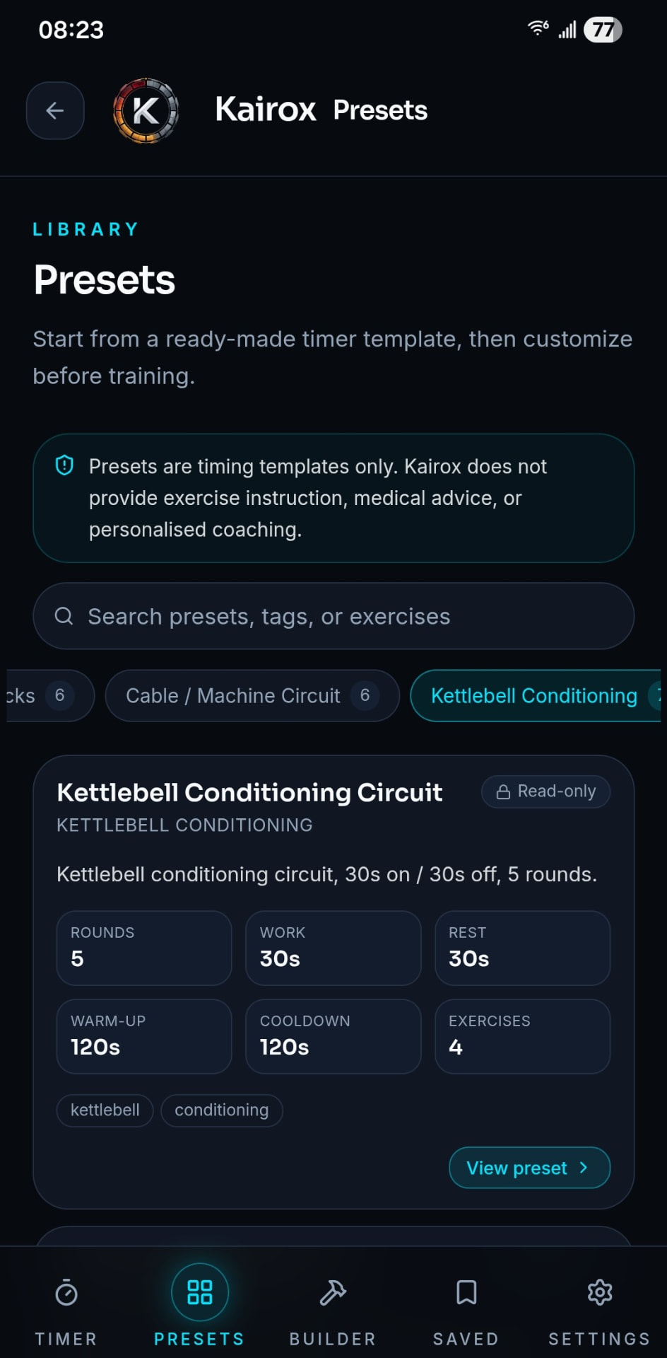 Kairox Presets screen showing ready-made timer templates by category