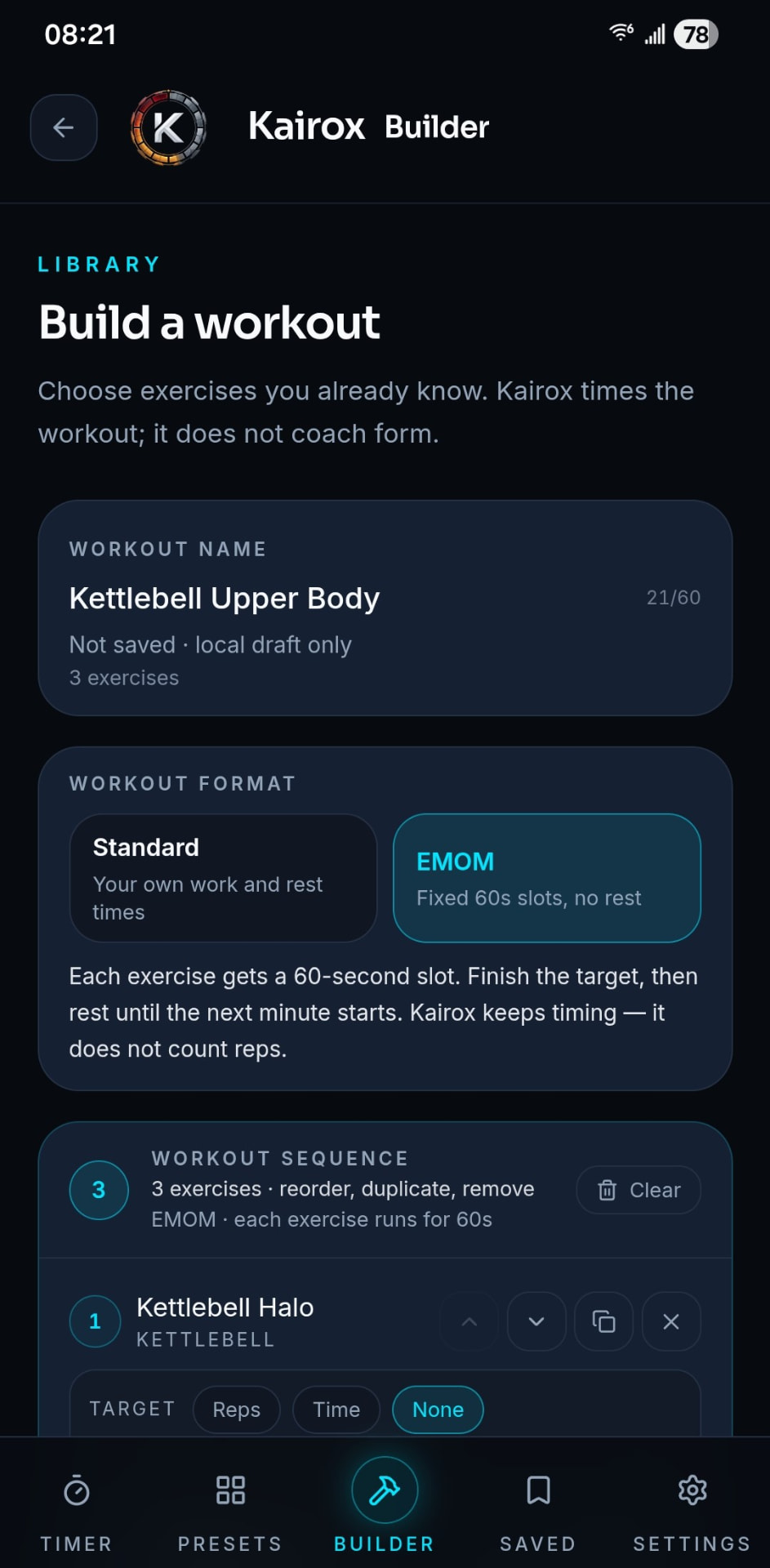 Kairox Builder screen showing Standard and EMOM workout format options