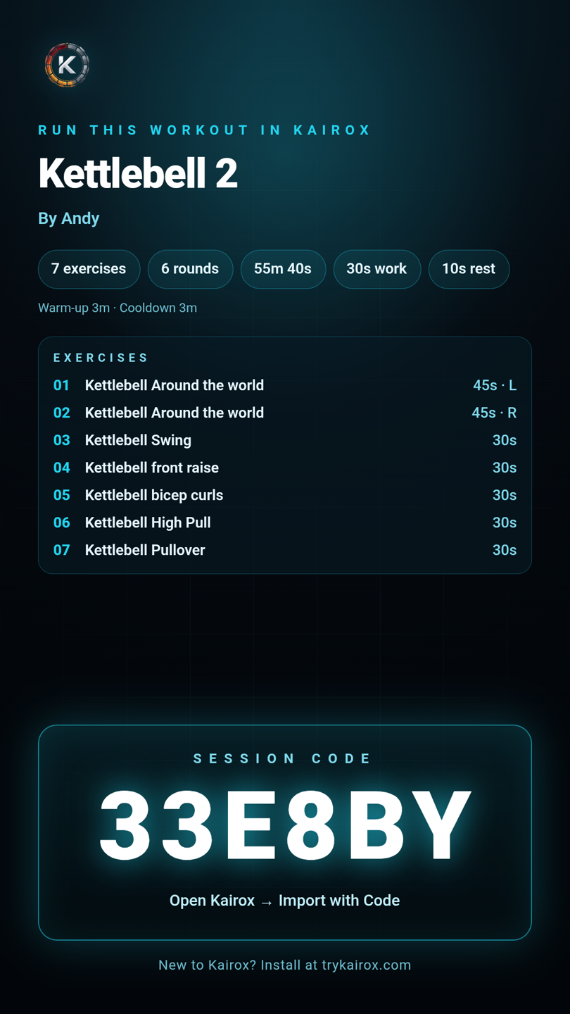 Kairox Session Card for a kettlebell workout with session code 33E8BY