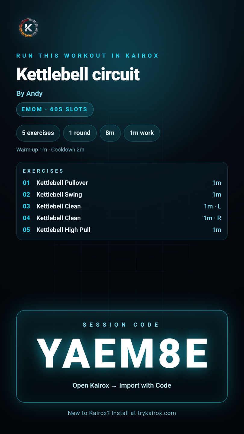 Kairox Session Card for an EMOM kettlebell circuit with session code YAEM8E
