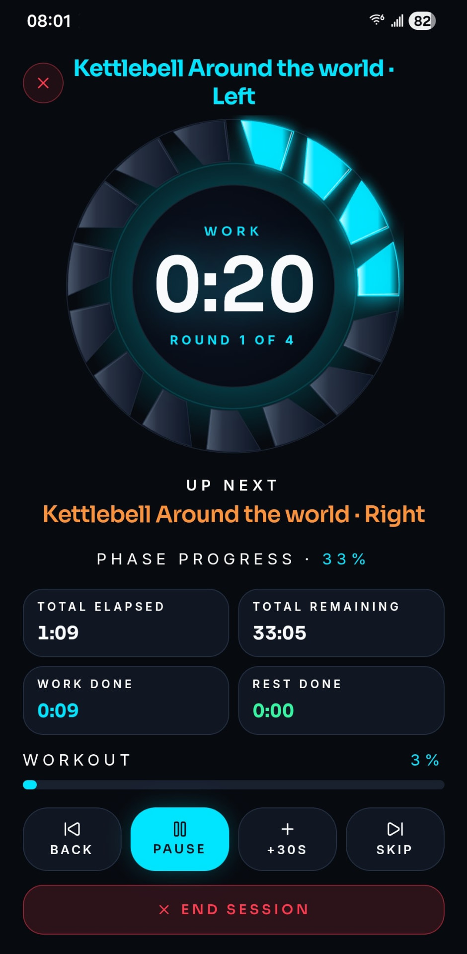 Kairox active workout screen showing the current exercise, timer ring, next exercise and progress