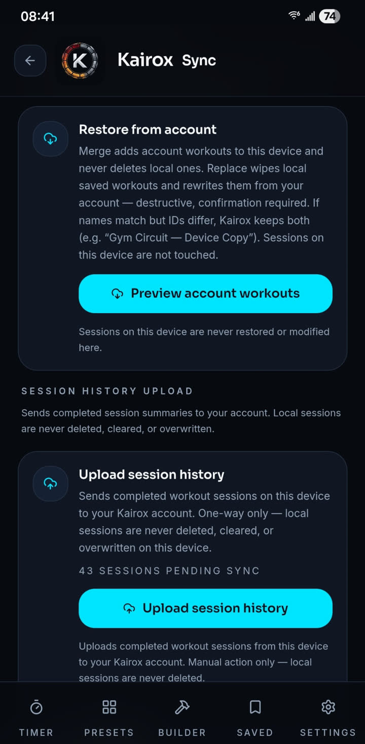 Kairox Sync screen showing restore from account and session history upload